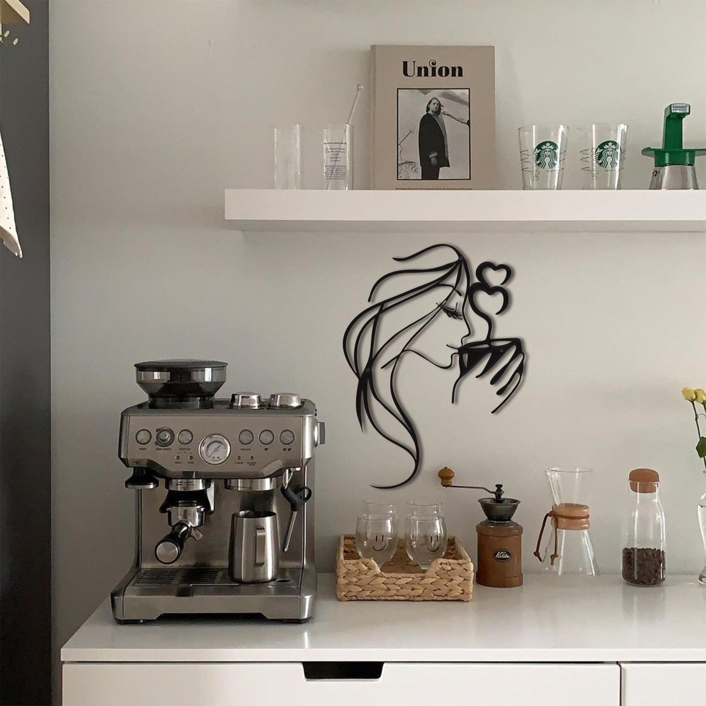 LIYAOLI 3D Black Metal Coffee Wall Art Bar Sign Decor,Kitchen Line Art Wall Decor,Woman Drinking Coffee Wall Sculptures,Unique Modern Wall Art for Living Room,Bedroom