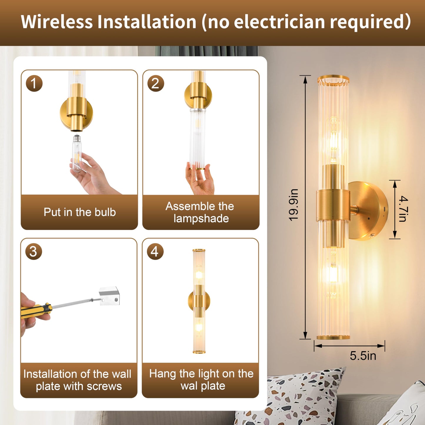 Morauroral Gold Battery Operated Wall Sconces Set of Two, Rechargeable Wall Sconce with Dimmable Remote Control, 20 Inch Wireless Sconce Wall Light for Bedroom, Living Room (Bulbs Included)