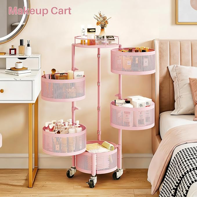 SNTD Fruit and Vegetable Basket Bowls for Kitchen with Metal Top Lid, 5 Tier Rotating Storage Rack Cart for Potato Onion Bread Banana, Wire Basket Organizer on Wheels, Large, Pink