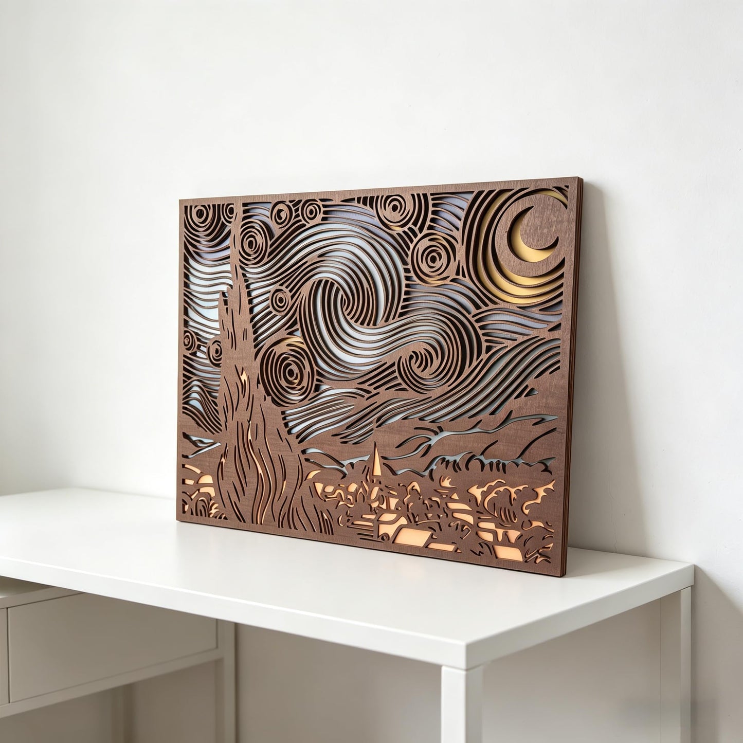 Starry Night Wood Wall Art, 5-Layer Laser Cut, 3D Multilayer Decor, 16x12 inch, Van Gogh Inspired