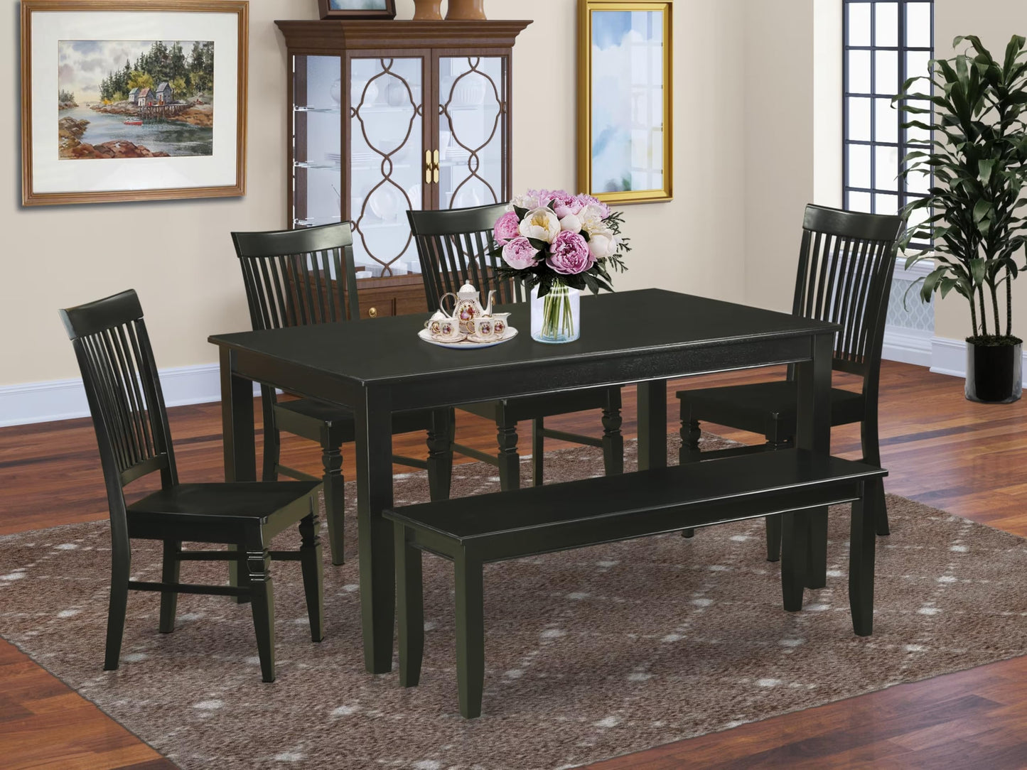 East West Furniture DUWE6-BLK-W 6 Piece Dining Set Contains a Rectangle Dining Room Table and 4 Kitchen Chairs with a Bench, 36x60 Inch, Black