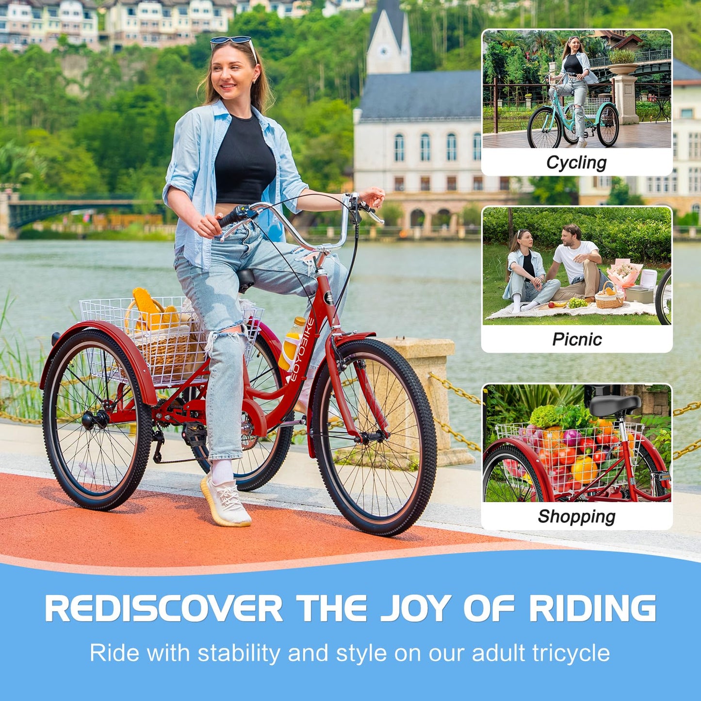 Slsy Adult Tricycle 7 Speed, 20/24/26 Inch Step-Through 3 Wheel Bike for Adults with Large Shopping Basket, 350 lb Capacity Adult Trike for Seniors, Women and Men
