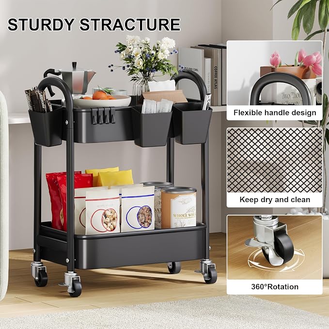 2 Tier Rolling Cart Metal on Wheels, Two Tiered Short Storage Side Table with Wheels, Heavy Duty Under Desk Mobile Trolley, Small Utility Organizer Carts for Craft, Art, Office, Kitchen, Black Basket