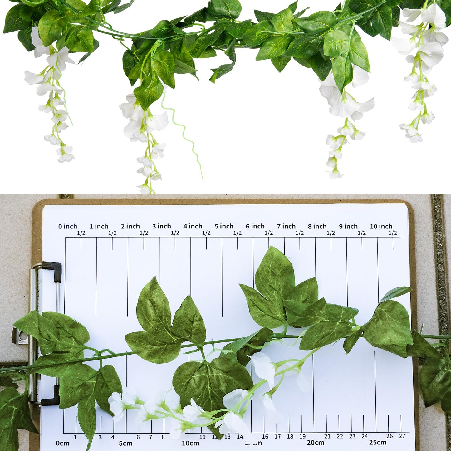 Mavee 28.8ft Artificial Wisteria Vine Garland (4x7.2ft), Silk Hanging Flowers Decor for Wedding Arch, Home Floral Arrangements - White