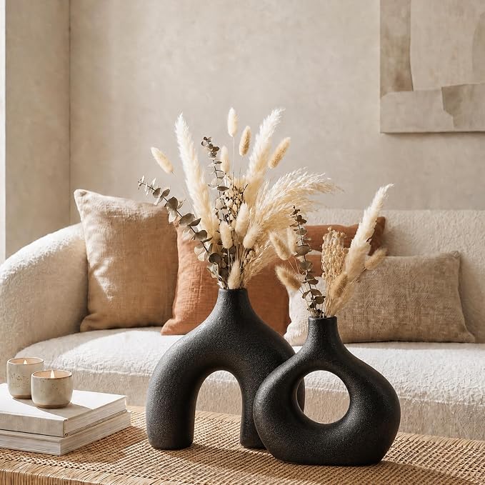 Black Ceramic Flower Vase Home Decor Set of 2, Farmhouse Table Vases Rustic Vintage Living Room Kitchen Bedroom Decorations for House Book Shelf Office Coffee Desk Dining Fireplace