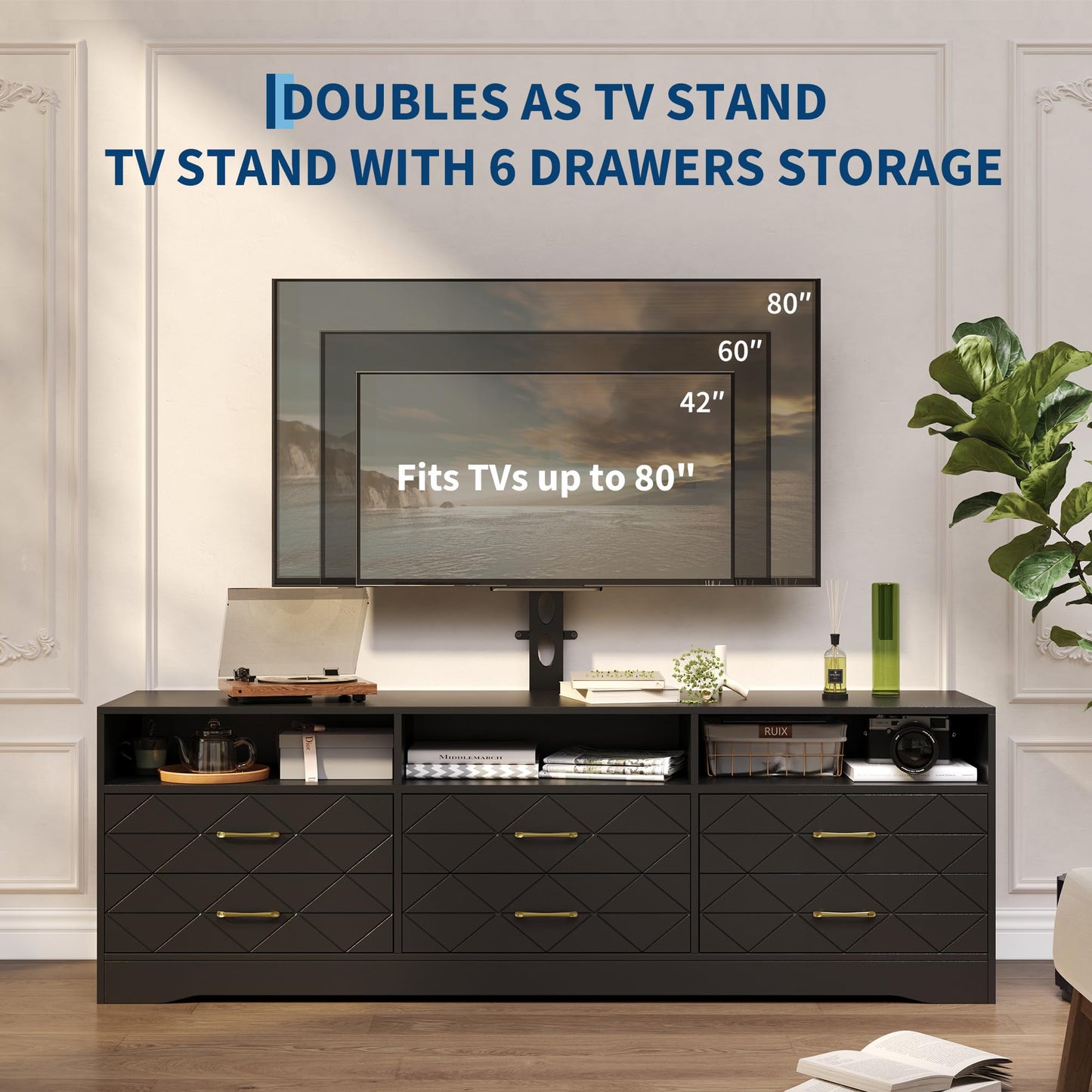 GarveeHome Black Entertainment Center with 6 Storage Drawers for Bedroom Living Room, Universal TV Stand with Mount Fit 32"-80" TVs, Farmhouse Wooden Media Console Tables with Height Adjustable Mount
