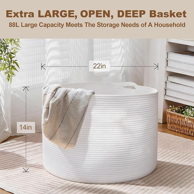 MEGASKET White Cotton Rope Storage Basket, 22" X 22" X 14" Extra Large Blanket Storage Living Room, XL Soft Toy Bin for Organizing, Woven Baby Laundry Basket with Handle, White Wicker Hamper Nursery