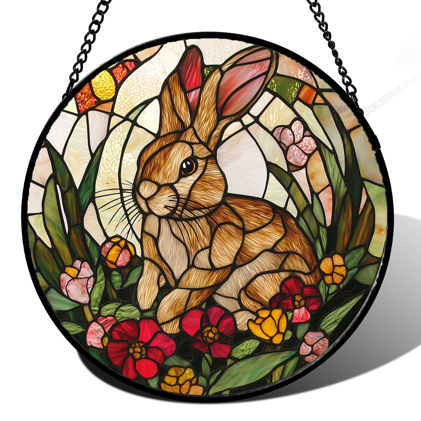 AMDERVEN Stained Glass Window Hanging, Cute Bunny Flowers Sun Catcher for Window Door Home Decor, Rabbit Suncatcher Christmas Mother's Day Birthday Gifts for Women Men Mom and Nana 6.3 in