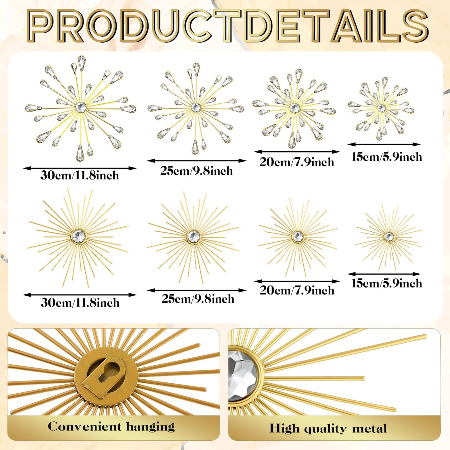 Blulu 8 Pcs Gold Metal Wall Art Cast Iron Starburst Wall Decor Bling Crystal Sculptures Living Room 3D Teardrop Radial Rhinestone Hanging Diamond Accents for Home Office Bedroom Entryway