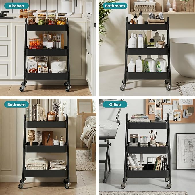 OLIXIS Metal 3 Tiers Utility Rolling Cart, Mobile Storage Shelf with Lockable Caster Wheels, Organization for Livingroom, Bathroom & Narrow Places, Black