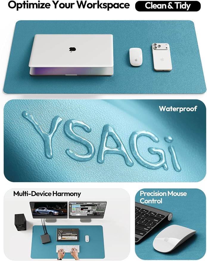 YSAGi Leather Desk Pad Protector, Office Desk Mat, Large Mouse Pad, Non-Slip PU Leather Desk Blotter, Laptop Desk Pad, Waterproof Desk Writing Pad for Office and Home (Turquoise, 31.5" x 15.8")