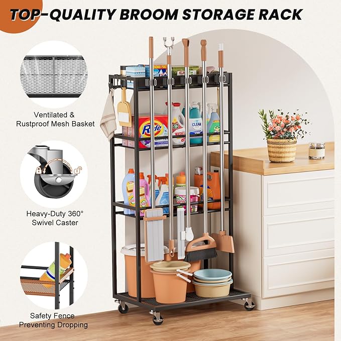 Olakee Taller Broom Holder with Cleaning Supplies Organizer, Broom Closet Storage Cabinet with Mop Hanger Gripper Rack Hooks, Housekeeping Janitorial Cart with Cleaning Caddy, Garage Home Improvement