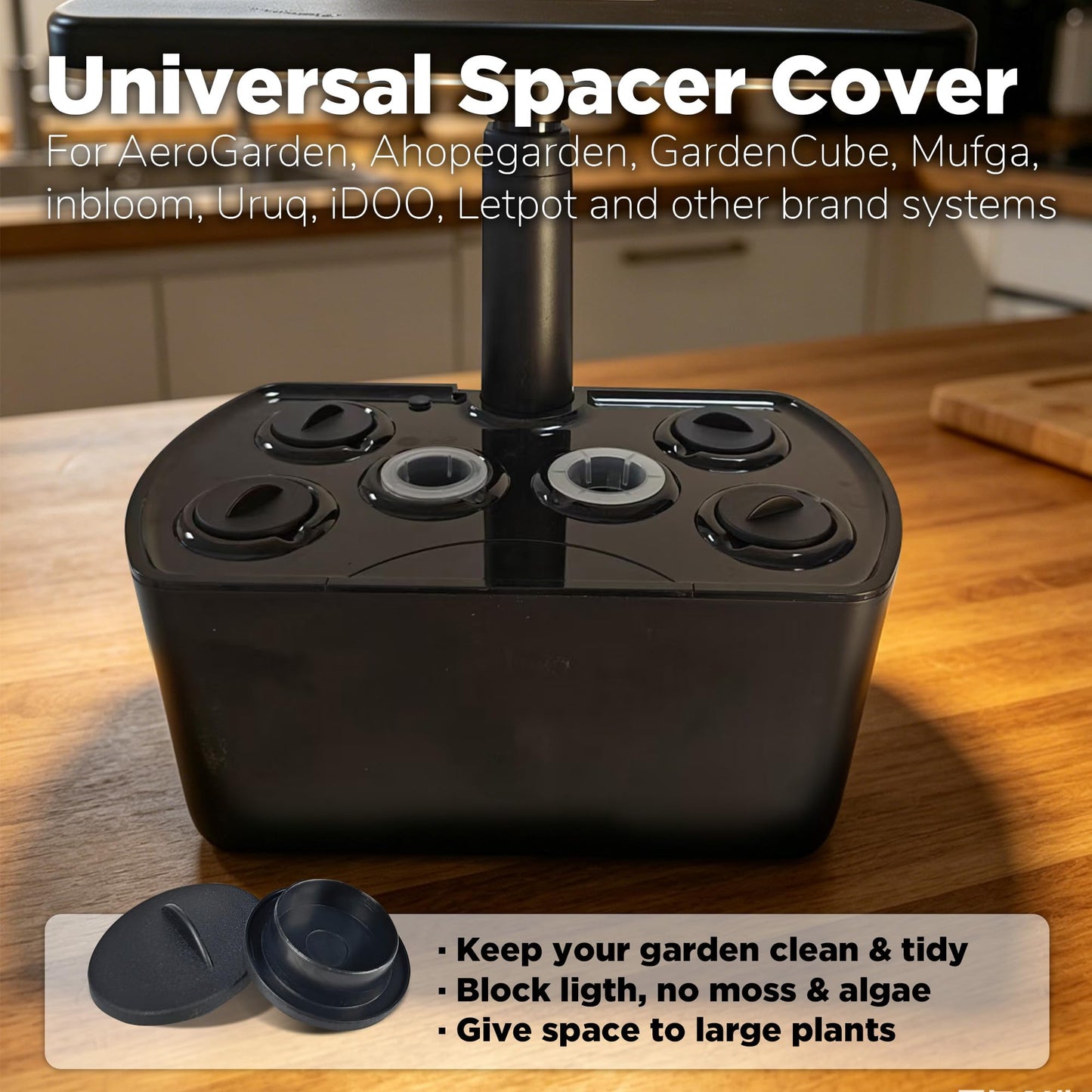 Universal Plant Spacer Caps (18 Pack) Compatible with Aerogarden, Ahopegarden, GardenCube, iDOO, Mufga, Letpot and Other Hydroponics Growing System Kit, Pod Cover Lids for Indoor Garden Kit, Black