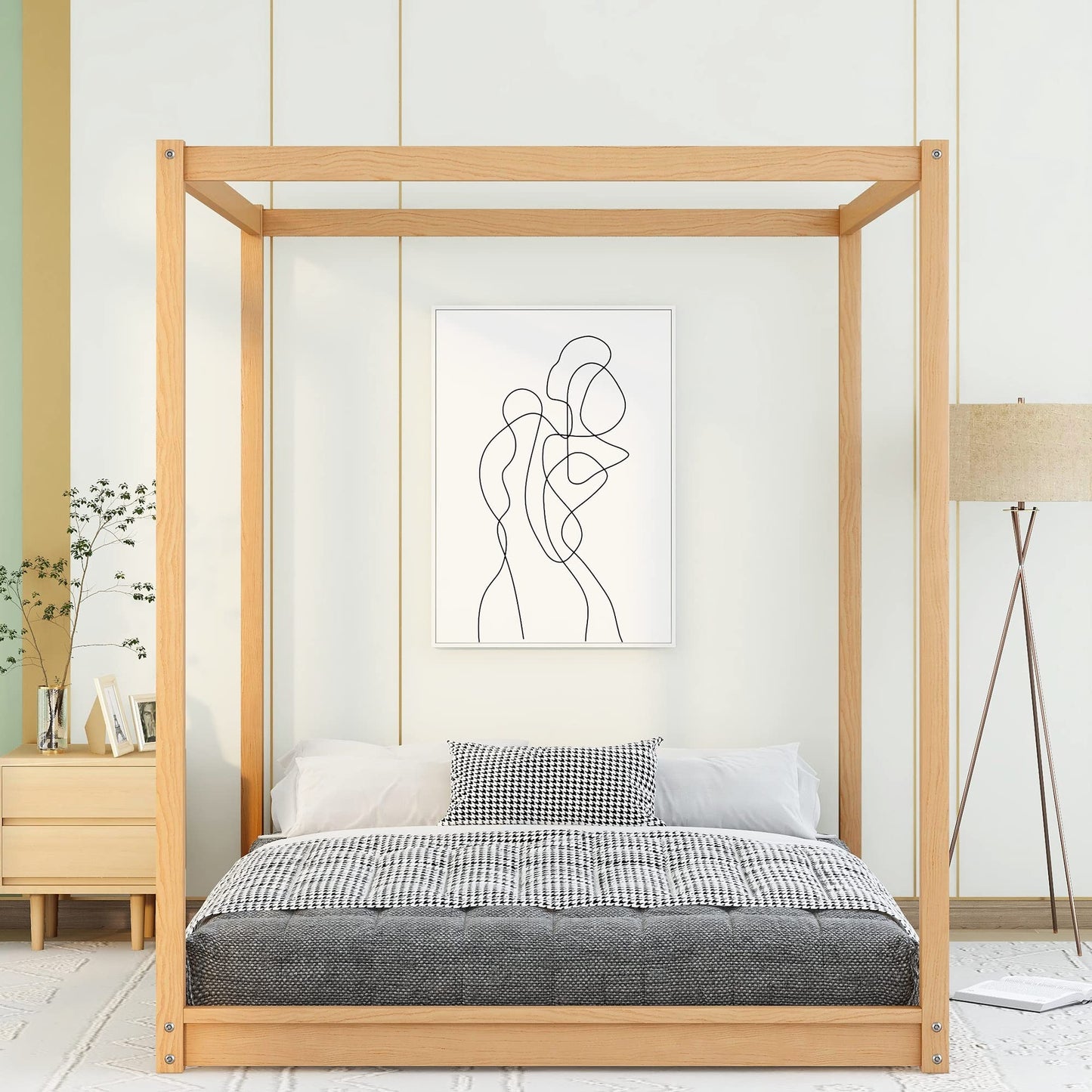 Merax Modern Queen Size Wood Canopy Bed Floor Platform Bed Frame/No Box Spring Needed/Easy Assembly, Nutural