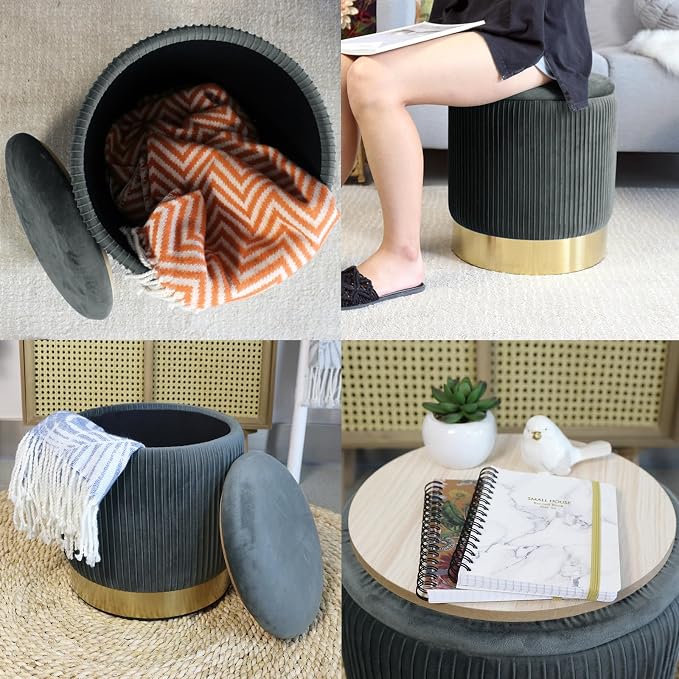 YYW HOME Gray Round Ottoman with Storage Set of 2 | Large storage capacity, Removable Lid, Used for Vanity Stoo,l Assemble Free, Nesting Packing