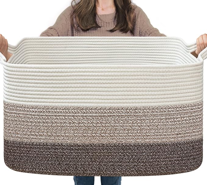 Goodpick Large Woven Storage Basket, 21.6"x14.9"x11.8", Blanket Storage for Bedroom and Living Room, Rectangle Rope Baskets for Storage, White Brown