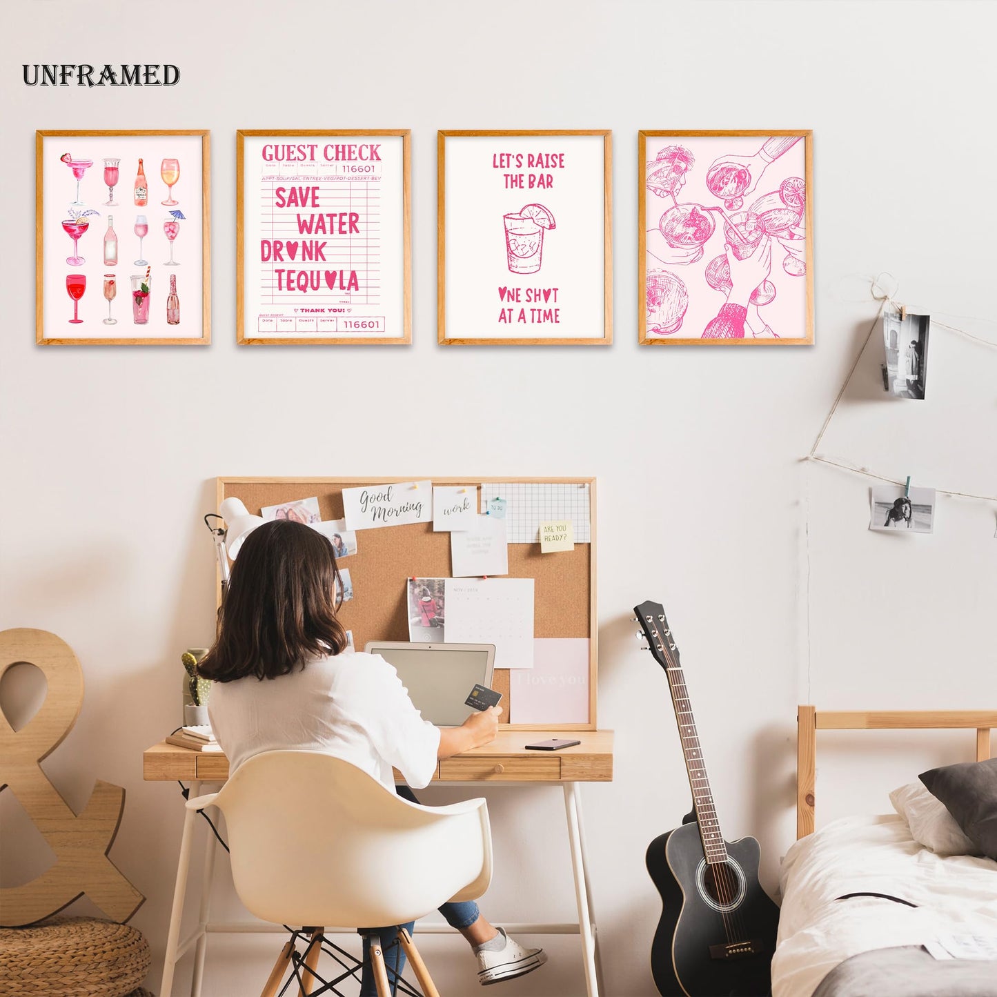 BearCake Pink Bar Wall Decor, Funky Preppy Champagne Cocktail Girly Poster Wall Art for Home Bar Cart Lounge Club Girls Room Apartment Decor Posters, 11x14 Inches UnFramed