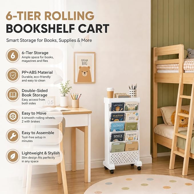 6-Tier Bookshelf, Book Storage Organization with Wheels Mobile Rolling Bookshelves Cart for Home Office Kids’ Study Room School, White