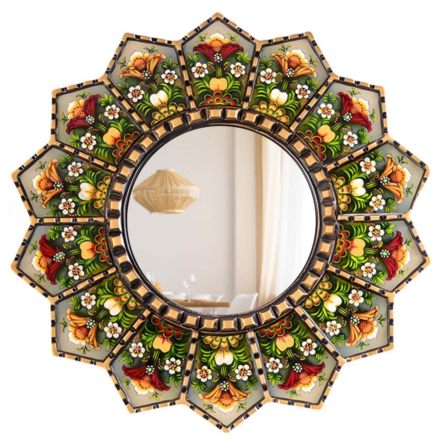 WTVLAX Sunburst Mirror Design Featuring Moroccan Style,2D Pattern 11.8inch Home Decorative Mirror for Living Room Bedroom Entryway The Pattern is Printed (Flower+Sunburst)