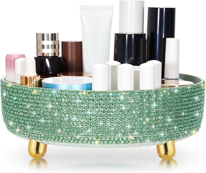 Honeydak Green Bling Perfume Makeup Organizer Bling Mother's Day Nurses Day Gifts for Women Bathroom Organizers and Storage 360 Rotating Makeup Organizer for Countertop(Resin Stone)
