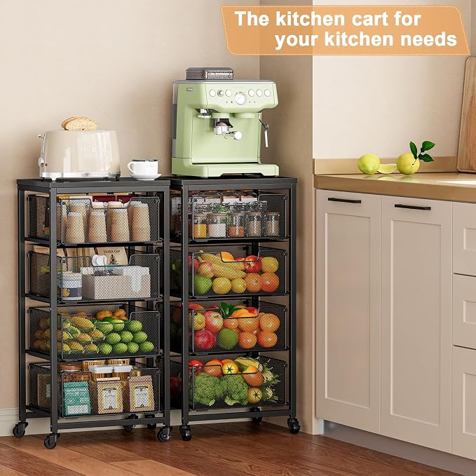 4-Tier Fruit Vegetable Storage Cart - Kitchen Organizer and Storage Cart with Wheels, Wooden Top Metal Wire Fruit Vegetable Rack Stand with Drawers to Storage Cans Snacks for Kitchen(Patent Pending)