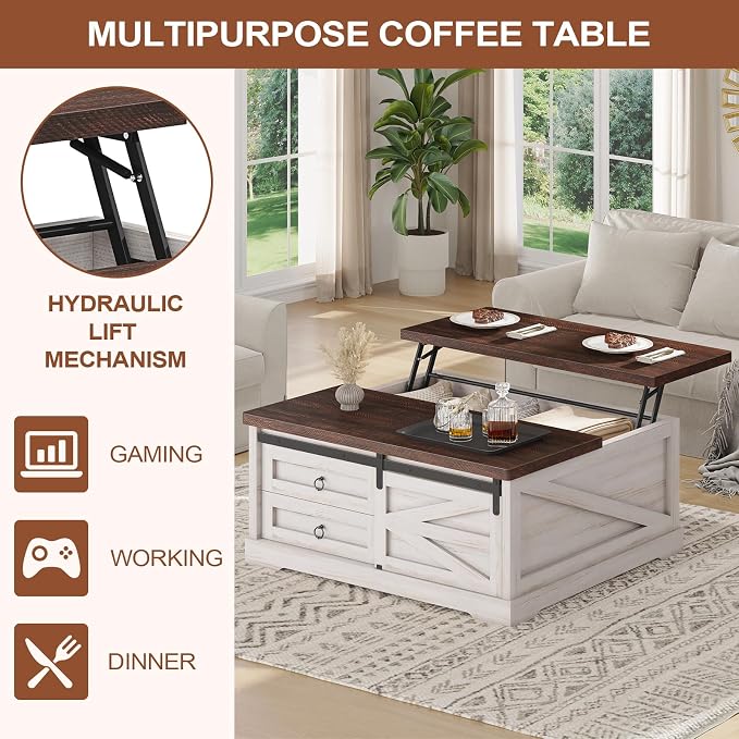 Itaar 39.4'' Lift Top Coffee Table with Storage, Farmhouse Coffee Tables for Living Room, Square Coffee Table with Large Hidden Compartment & 2 Drawers & Adjustable Shelves, Vintage White+Walnut