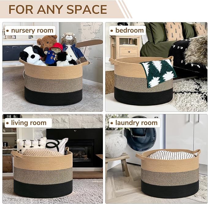 INDRESSME XXXLarge Cotton Rope Basket 21.7" x 21.7" x 13.8" Woven Baby laundry Blanket Basket for Living Room Decor, Toy Storage Baskets for Kids Boys Girls, Camel Mix & Black