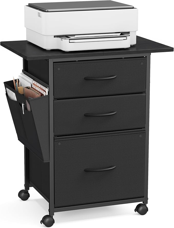 VASAGLE 3-Drawer File Cabinet, Mobile Printer Stand with Storage, Filing Cabinet for A4 Letter Size, Side Pockets, 23.6 x 15.7 x 26.8 Inch, Ink Black, Bellah Collection UOFC201BC01