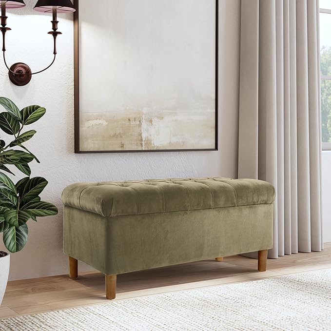 Homepop Home Decor | Tufted Ainsley Button Storage Ottoman Bench with Hinged Lid | Ottoman Bench with Storage for Living Room & Bedroom,Light Sage Green Velvet
