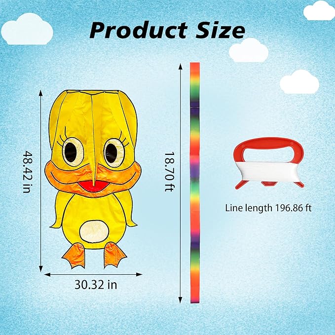 Duck Pattern Kites for Kids, Cute Large Kite Duck Kite with Long Colorful Tail for Kids & Adults, Easy to Fly Kite for Beginners Outdoor Activities