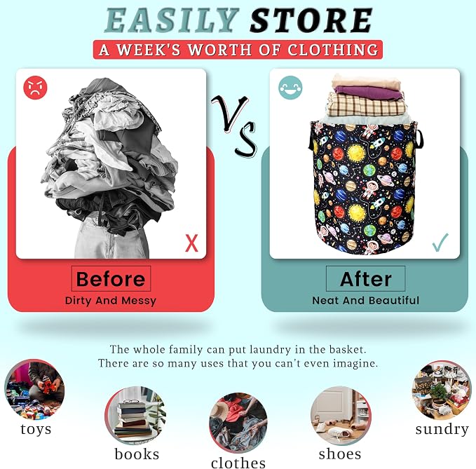 Funny Astronaut Laundry Basket Foldable With Handles Galaxy Tote Bag Oxford Cloth Colorful Planet Laundry Hamper Clothe Storage Bucket Toy Organizer 18.9"x16.5"For Bathroom/Laundry/Bedroom