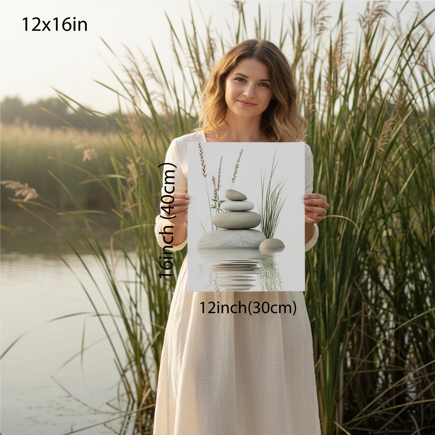 KBIERQN Zen Stone Canvas Wall Art Stacked Stones in Water Poster Print Tranquil Wild Grass Painting Picture for Spa Yoga Meditation Room Bathroom Wall Decor 12x16in Framed Ready to Hang