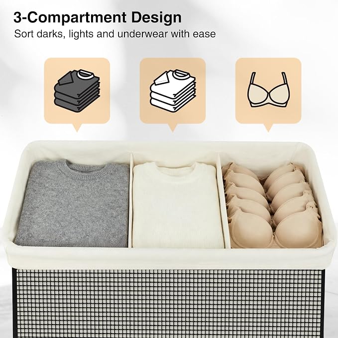 STO STO Laundry Hamper 3 Section with Lid, 180L Large 3 Compartment Laundry Sorter, Laundry Basket with Removable Washable Liner Bag, Breathable Clothes Hamper for Bedroom Bathroom Laundry Room Closet