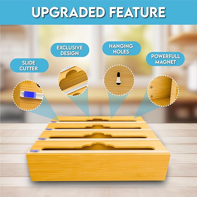 Bamboo Aluminum Foil Organizer & Plastic Wrap Dispenser with Cutter - 4 in 1 Parchment, Wax Paper & Saran Wrap Holder - Tin Foil Food Wrap Organizer for Kitchen Drawer, Countertop & Pantry