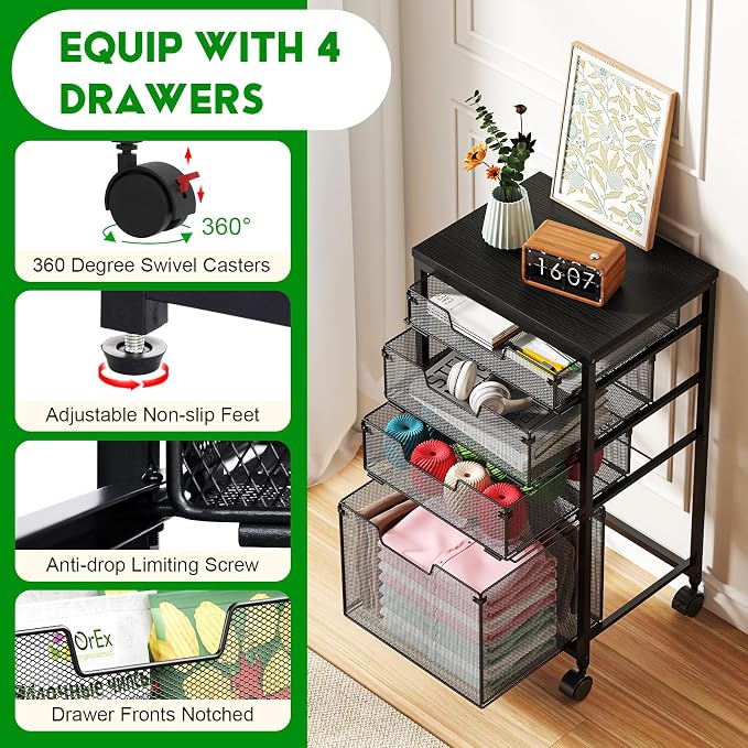 Sbanmao 4 Drawers Rolling Storage Cart, 1 Large Drawer (11.22"D x 12.2"W x 9.84"H) & 3 Small Drawers, Rolling Storage Cart with Lockable Wheels, Craft Storage Cart for Bedroom, Office, Black