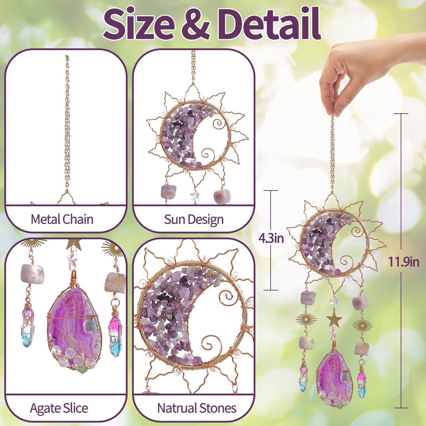 Amethyst Crystal Suncatchers for Windows Hanging Decor Rainbow Sun Catcher for Car Light Catcher Window Wall Garden Outdoor Decoration(Purple)