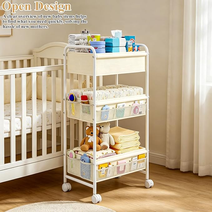 3-Tier Baby Diaper Caddy Cart Organizer,Mobile Nursery Storage Carts with Wheels,With 2 Dividers&14 Mesh Pockets Durable Metal Utility Cart for Nursery, Bedroom, Bathroom, Baby Essentials Organization