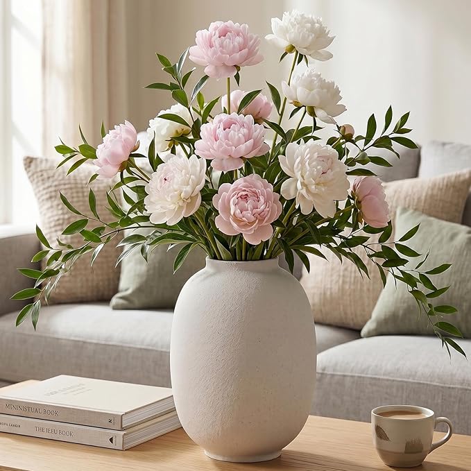 Large White Ceramic Vase, 9.85in Rustic Round Tall Vase for Table Centerpieces, Modern Homes Farmhouse Living Decor (Sandstone White)