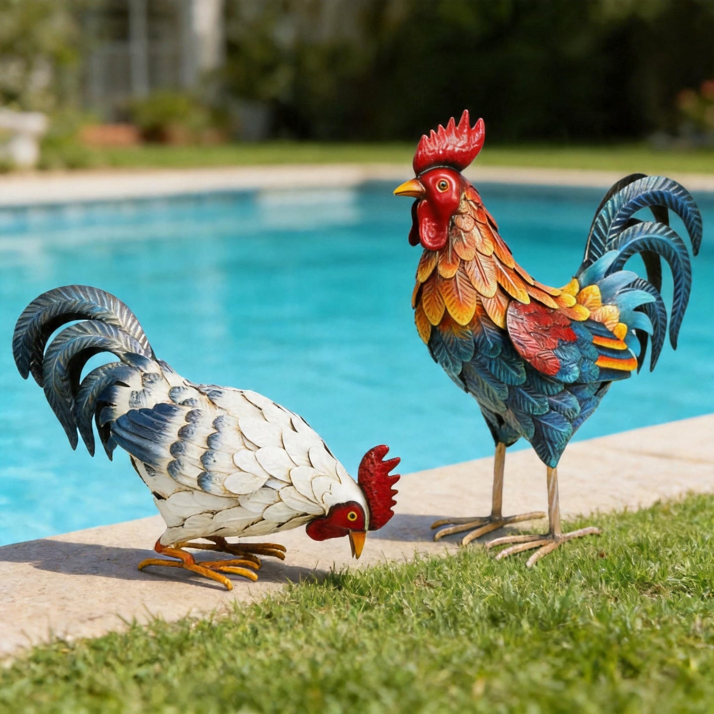 Shorayn Metal Rooster Statues, Outdoor Garden Metal Chicken Decor, Garden Sculptures Chicken Ornaments Yard Art for Backyard Patio Lawn Decorations, Set of 2