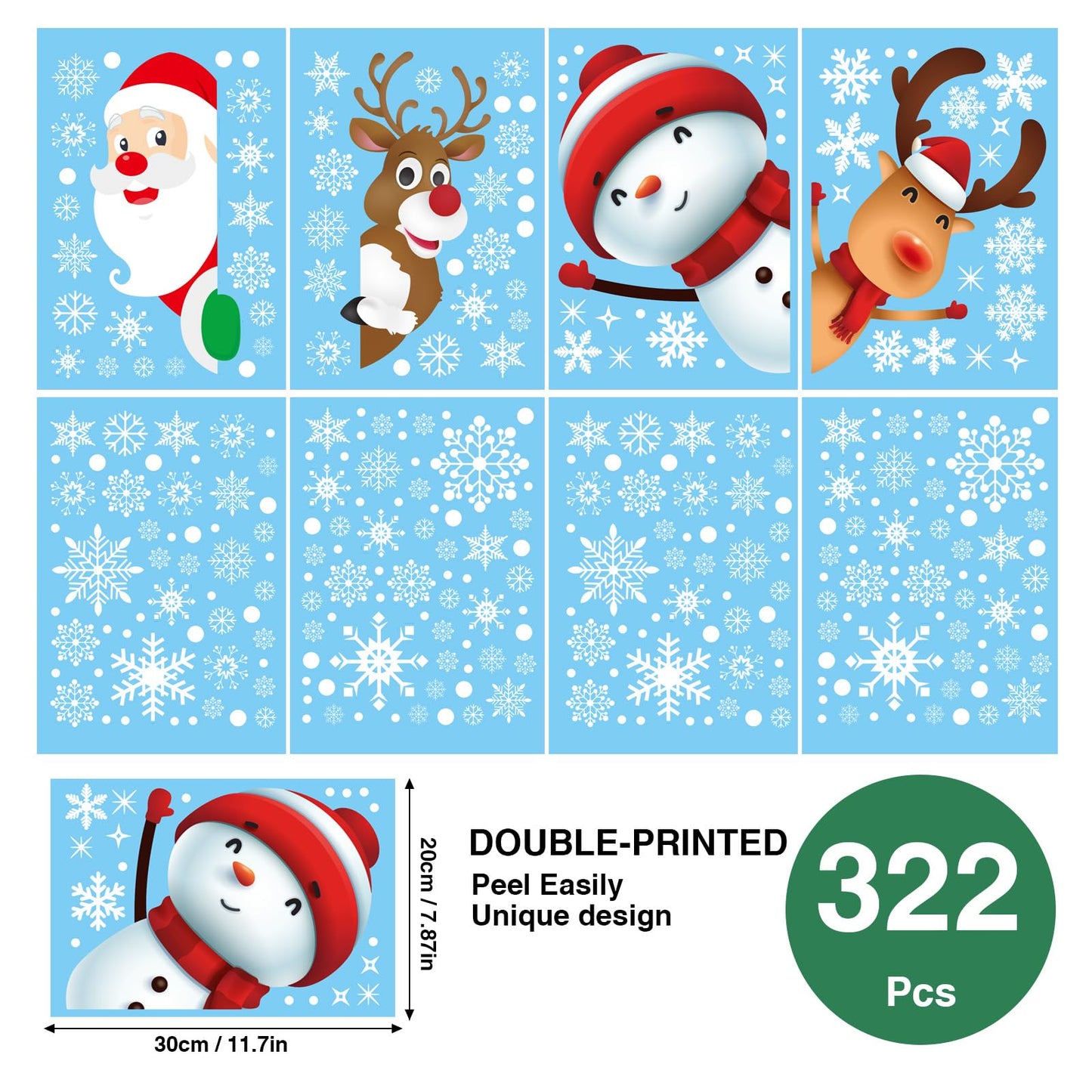 322Pcs Christmas Window Clings Xmas Snowflakes Decorations Santa Claus Reindeer Snowman Snowflake Xmas Decals Stickers for Glass Winter Holiday Home Party