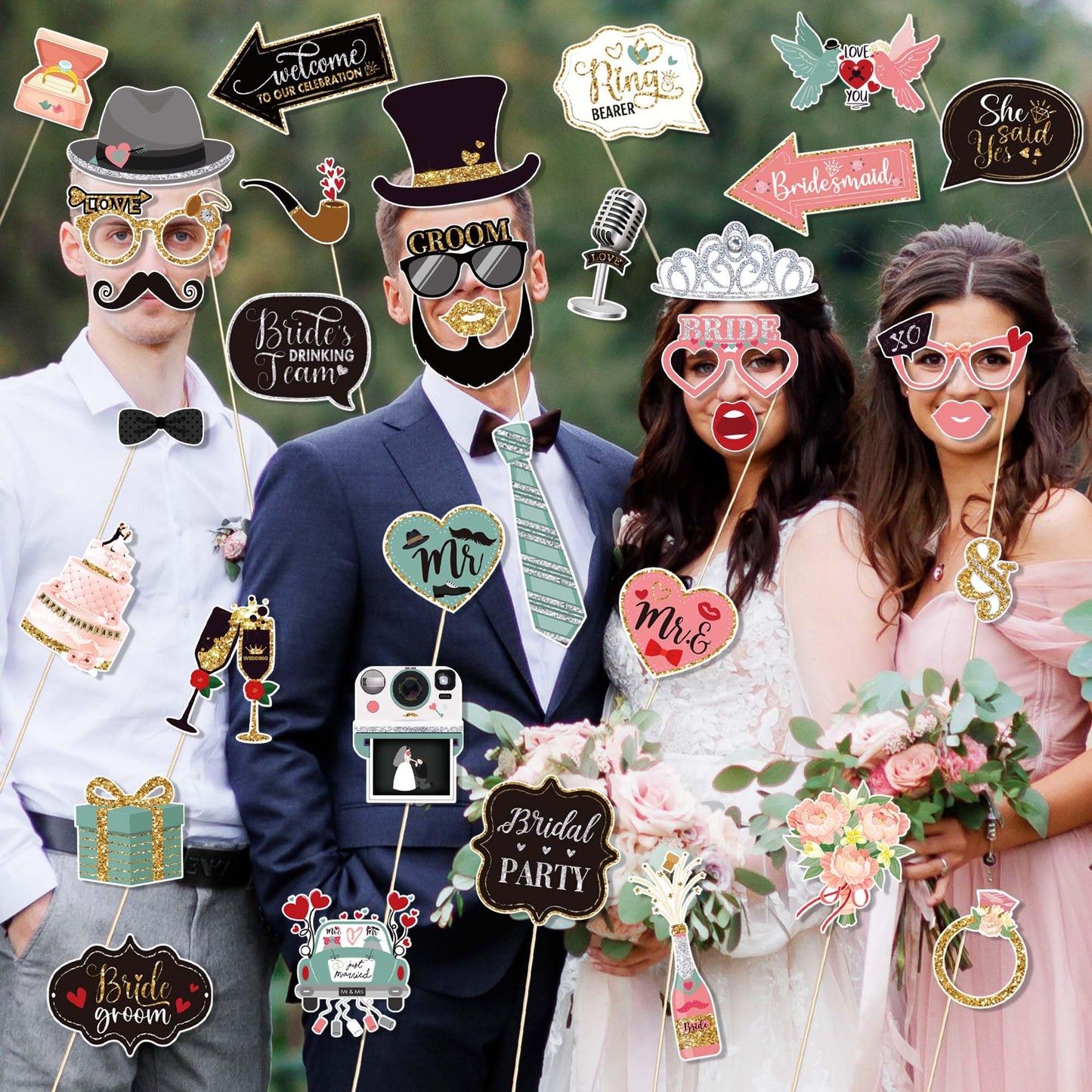 36 PCS Wedding Photo Booth Props Party Supplies Selfie SignsHoliday Picture Decorations Photo Booth Props for Weeding Party Favors Pose Sign Kit Fun for Party