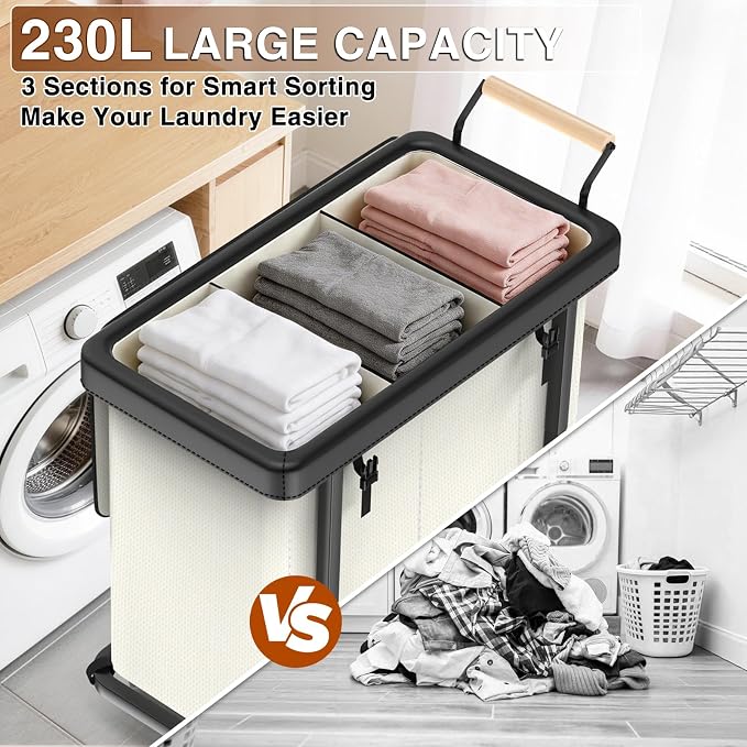 Rolling Laundry Hamper with Wheels, Laundry Hamper 3 Section with Lid, Laundry Basket with Rolling Lockable Wheels and Handle, Laundry Basket Organizer for Laundry Room, Bedroom 230L Beige