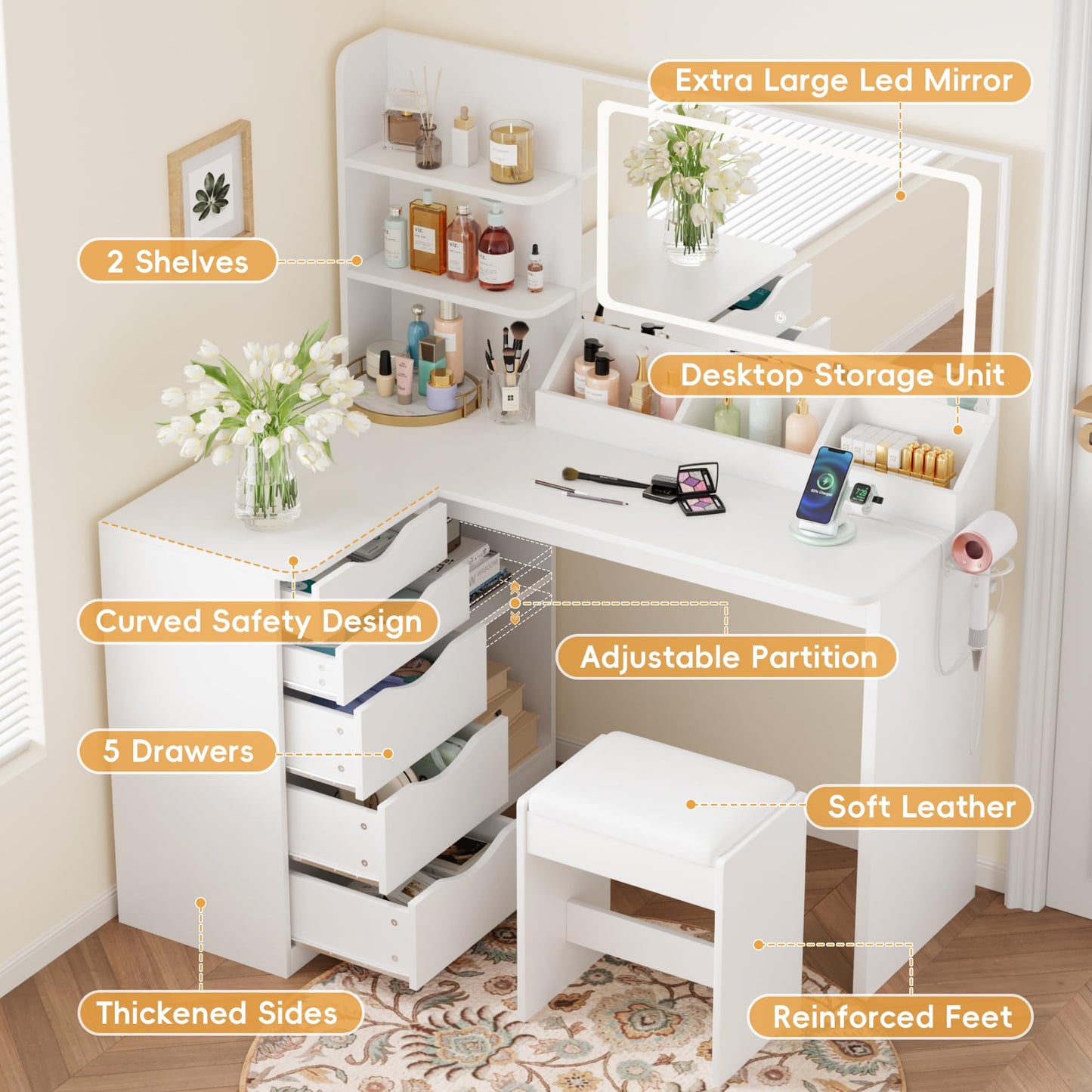 YESHOMY Vanity Desk with Lights and Mirror, L Shaped Makeup Table, Dresser with Hairdryer Holder and Power Outlet, Adjustable 3 Lighting Modes, 5 Drawers and Adjustabled Open Storage Shelves, White