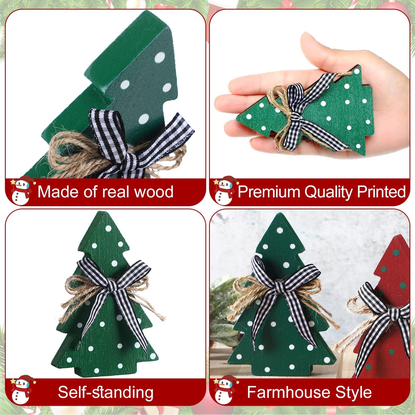 Yookeer Christmas Decor 3 Pieces Wood Table Rustic Christmas Tree Farmhouse Wooden Xmas Centerpiece for Small Table Xmas Trees Red Green Tiered Tray Party Decoration(Polka Dot Style)