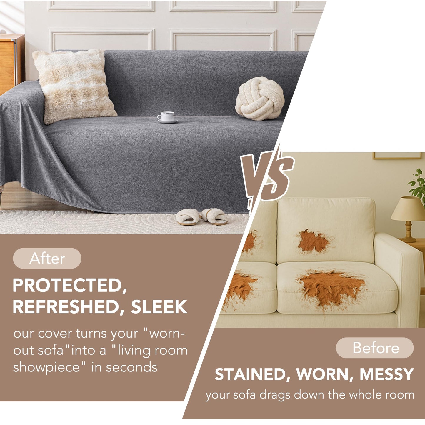 KaviKon Waterproof Couch Covers for 3 Cushion, Non Slip Cat-Scratch Resistant Sofa Couch Covers for Dogs, Pet Friendly Couch Protectors Slipcovers, Washable Furniture Covers for Pets, 71" x 118", Grey