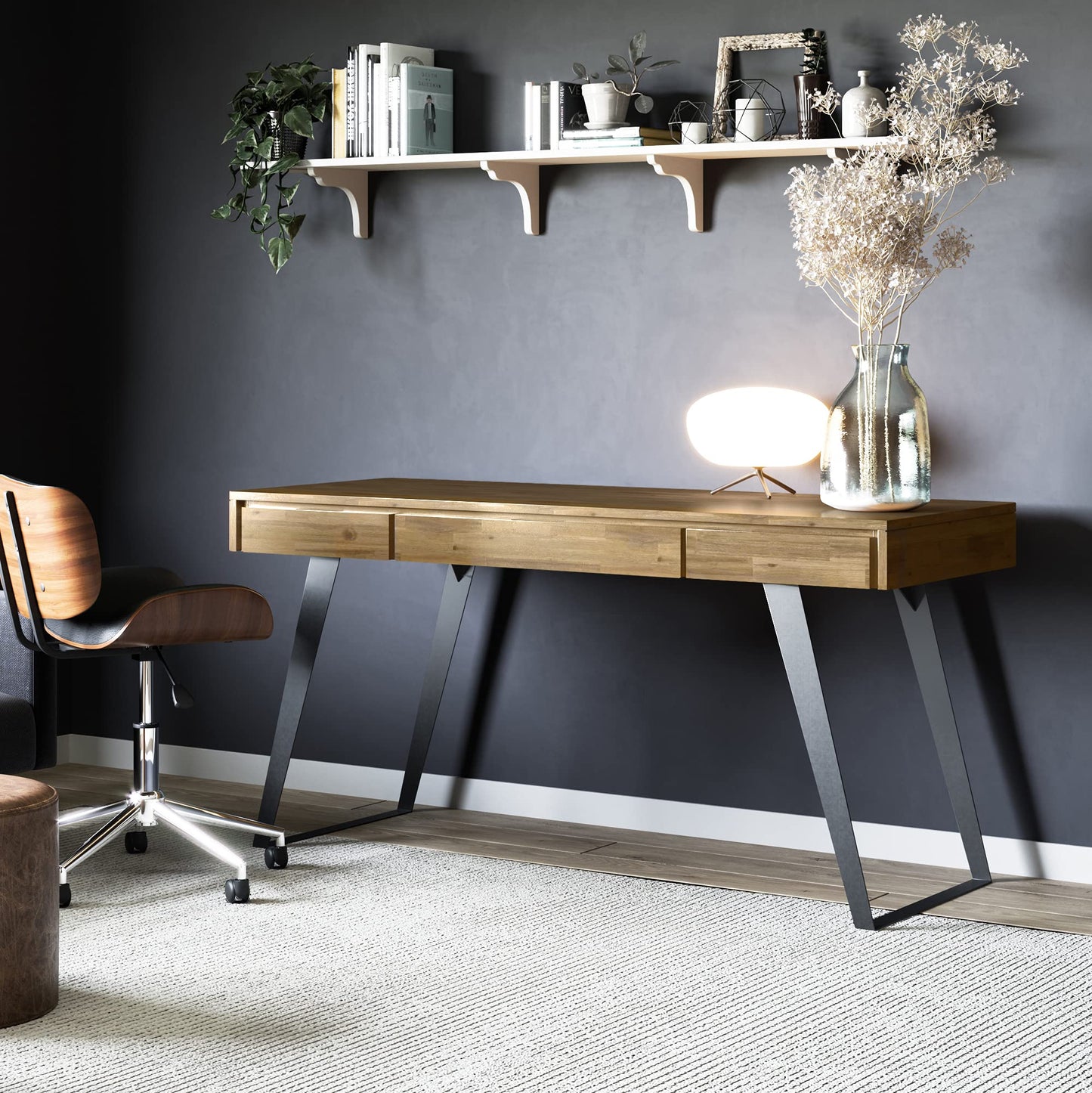 SIMPLIHOME Lowry Desk - 54 Inch Wide Solid Acacia Wood and Metal Writing Desk in Distressed Golden Wheat, Modern Industrial Home Office Computer Table with 2 Drawers and Flip-Down Keyboard Tray