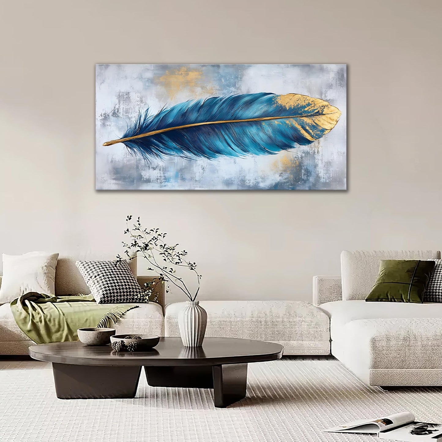 Blue Feather Large Wall Art for Living Room Modern Wall Decor for Bedroom Feather Pictures Feather Painting Framed Large Canvas Art Ready to Hang 30"x60"