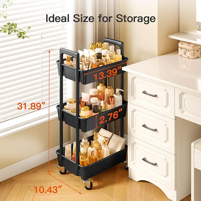 Pipishell 3 Tier Rolling Cart Organizer, Plastic Rolling Cart with Lockable Wheels & Reinforced Handle, Lightweight Utility Storage Cart for Nursery, Kitchen, Craft Room, Black