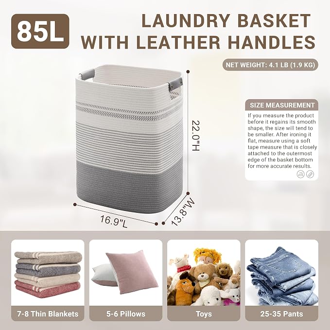 85L Tall Laundry Hamper with Handles for Living Room Storage, Extra Large Woven Rope Baskets Bin for Blanket, Kids Toy, Gifts, Wicker Hamper for Bedroom Dirty Clothes, 17"x14"x22" White Grey