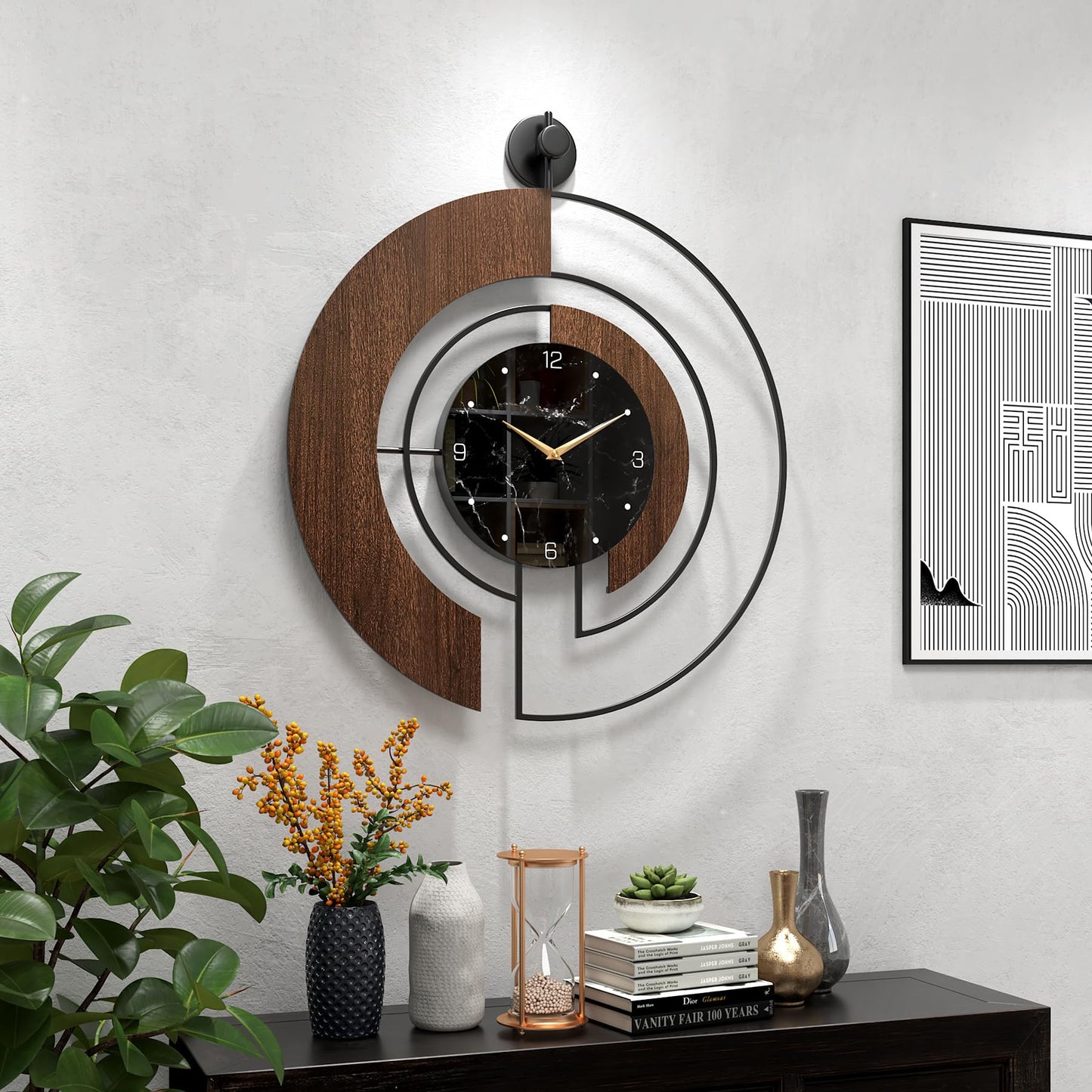 VIVIFLYSE Modern Walnut Marble Dial Wall Clock, Large Wood Metal Frame Silent Non Ticking Wall Clocks for Living Room, Bedroom Decoration, Contemporary Home Wall Decor Gift Idea, 22 in